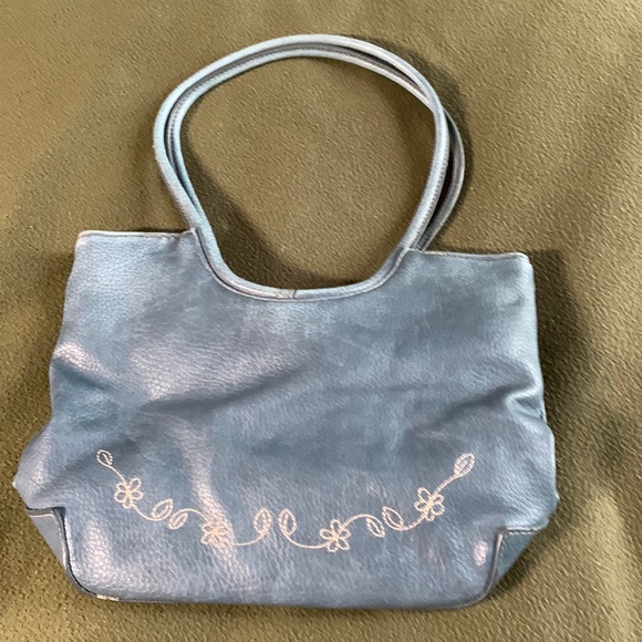 Handbags - Blue leather looking purse with flower embroidery detail